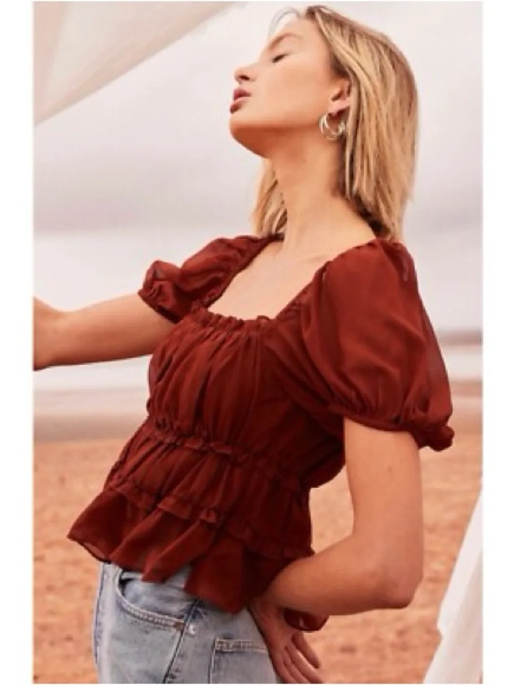 ASTR The Label Nutmeg Ruffle Short Sleeve Chiffon Blouse